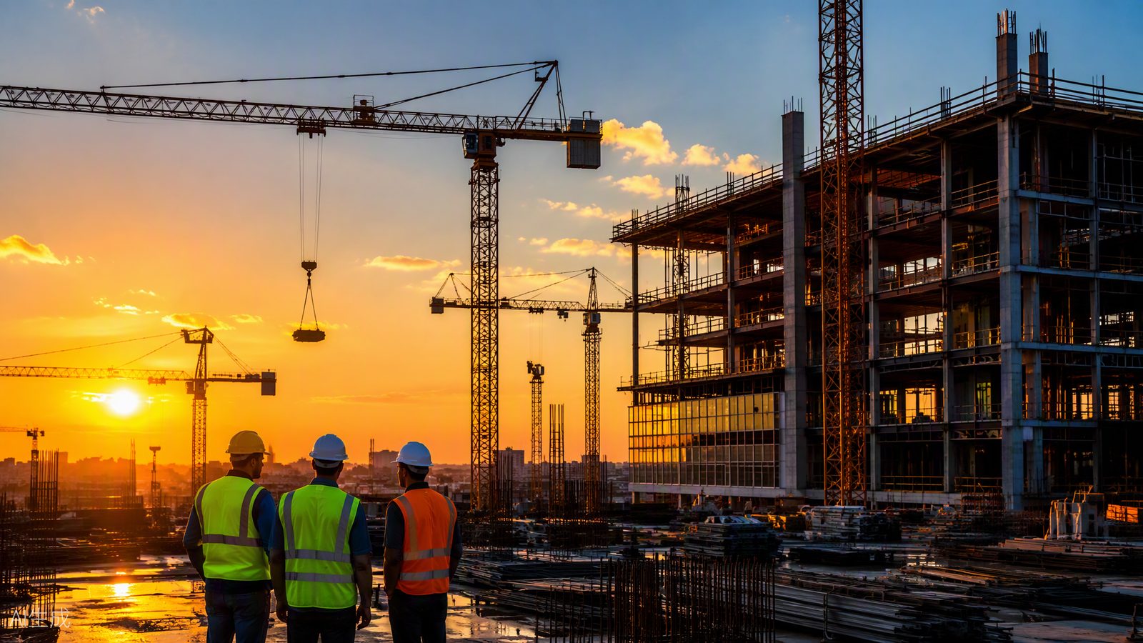 High-rise construction site at sunset