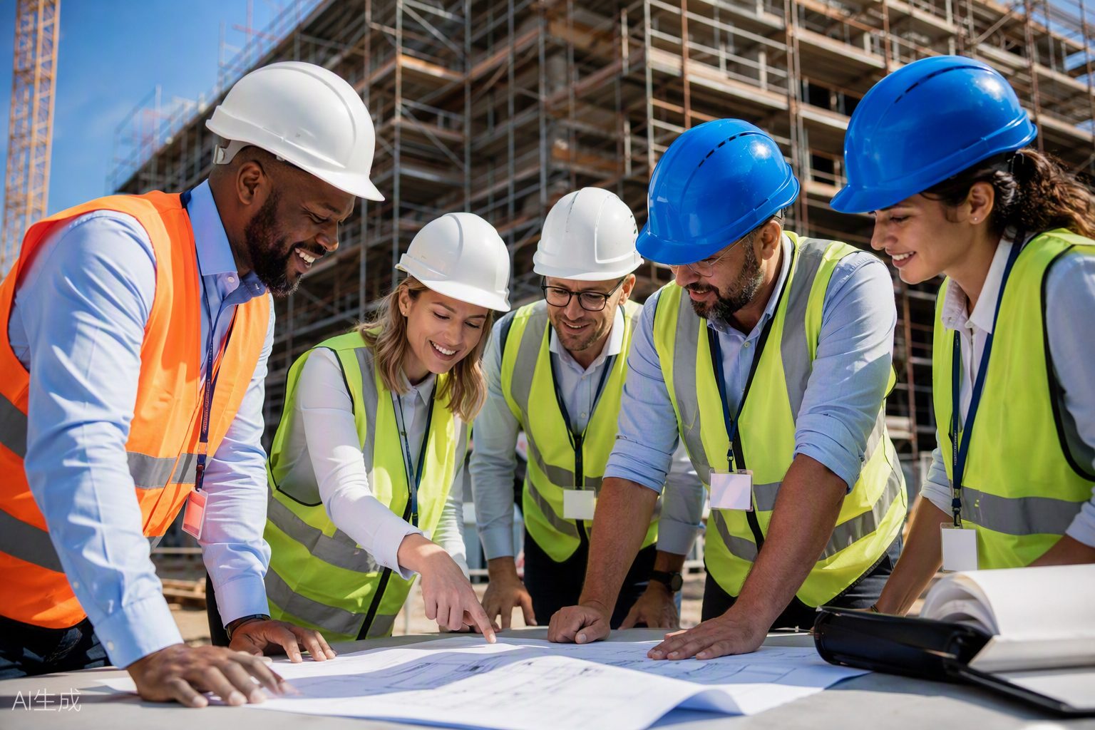 Ricky Construction team reviewing blueprints on site